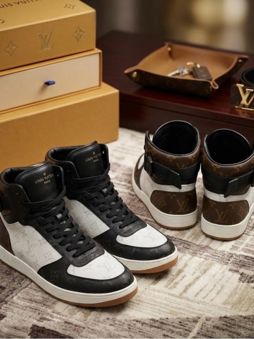 Louis Vuitton Men's High-Top Sneakers in Black, White and Brown Monogram